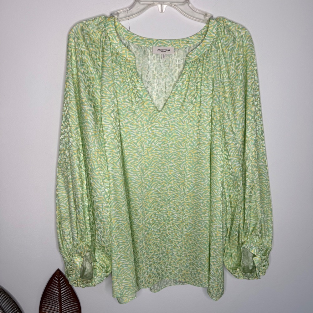 J12 Lafayette 148 New York Green Yellow Silk Abstract Print Blouse L FAB#1Q34